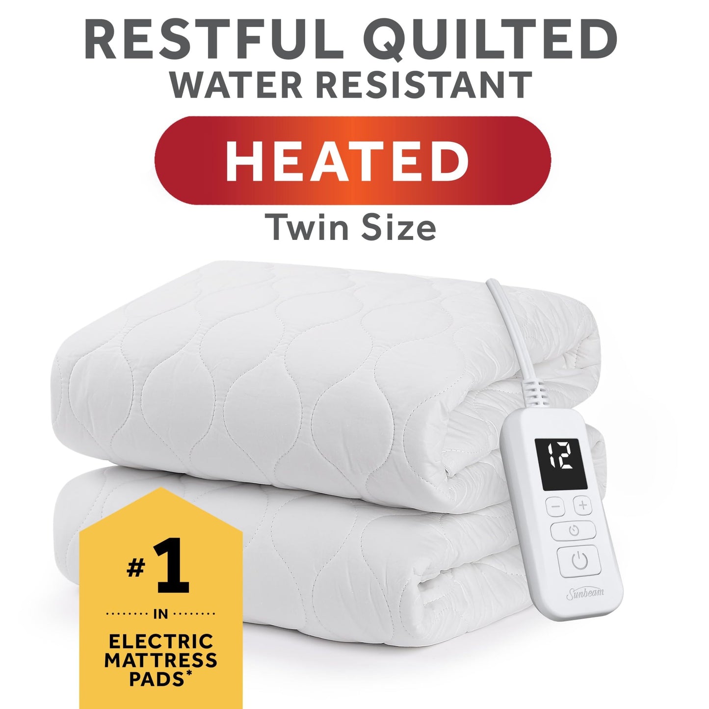 Sunbeam Electric Heated Mattress Pad Queen 80" x 60" 12 Heat Settings 12-Hour Auto Shut-Off Fast Heating Soft Cozy Fabric Deep Pocket Skirt Machine Washable