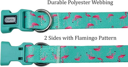 Dog Collar Leash Set, Flamingo Pattern, Polyester Material, Adjustable Collar and 5ft Matching Leash, for Puppy Dogs.(XS, Green Flamingo)