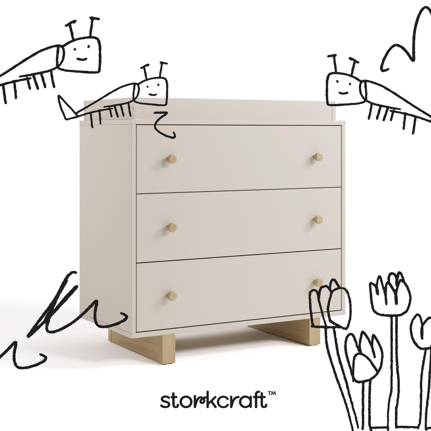Storkcraft Texas 3 Drawer Chest with Removable Changing Table Topper (Frosted Oat/Driftwood) – GREENGUARD Gold Certified Baby Dresser, Interlocking Drawer System for Nursery & Kids’ Bedroom Dresser