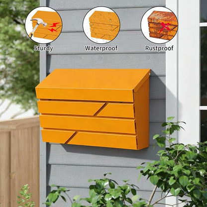 Wall Mount Mailbox for House Outside, Large Capacity Mailbox Drop Box, Galvanized Steel and Rust-Proof Metal Post Box, 15.74"x9.84"x4.33", Yellow