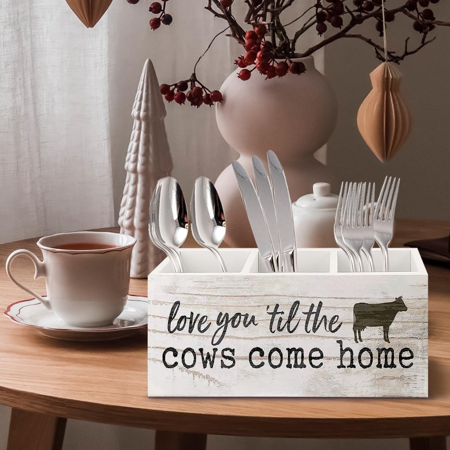URLLUAE Funny Cow Wooden Pen Pencil Holder for Office Desk Accessories, Cow Lover Gifts, Love You 'Til the Cows Come Home Makeup Brush Toothbrush Holder Organizer for Bathroom