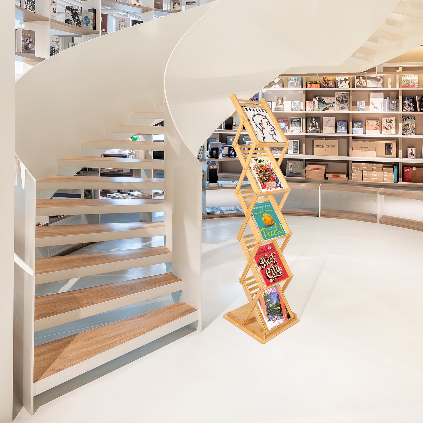 Choowin Foldable Magazine Rack Floor Stand Brochure Display Stand Literature Display Rack Holder Bamboo Wood Magazine Rack for Home Office Retail Display Exhibitions Trade Show Portable 5 Pockets