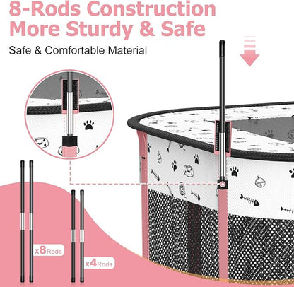 Portable Cat Playpen with litter box area, Foldable Pet Dog Playpen, for Kitten Puppy Play Pen Indoor/Outdoor, Cats Enclosure Cages Tent with Carrying Case, 600D Oxford 8-Rods, 32"x24"x22", Pink