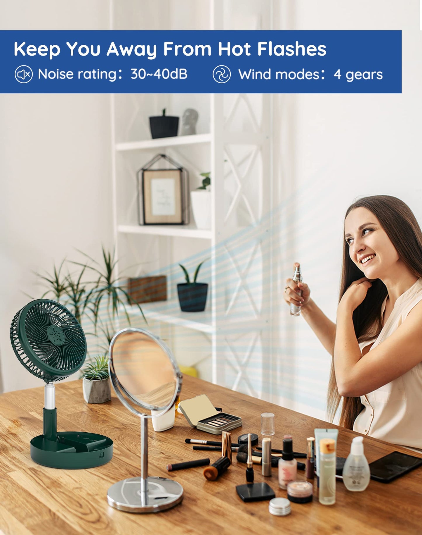 Primevolve Battery Operated Fan,Portable Rechargeable USB Floor Table Desk Fan with Adjustable Height, 4 Speed Settings Pedestal Fan for Bedroom Camping Travel,Green 7.7"