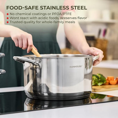 Sunhouse Stock Pot with Lid - 13 QT Large Pot for Cooking Pasta, Soup, Spaghetti - Impact Bonding Base Big Stainless Steel Pots for Canning, Boiling - Oven Safe & Induction Compatible Cookware