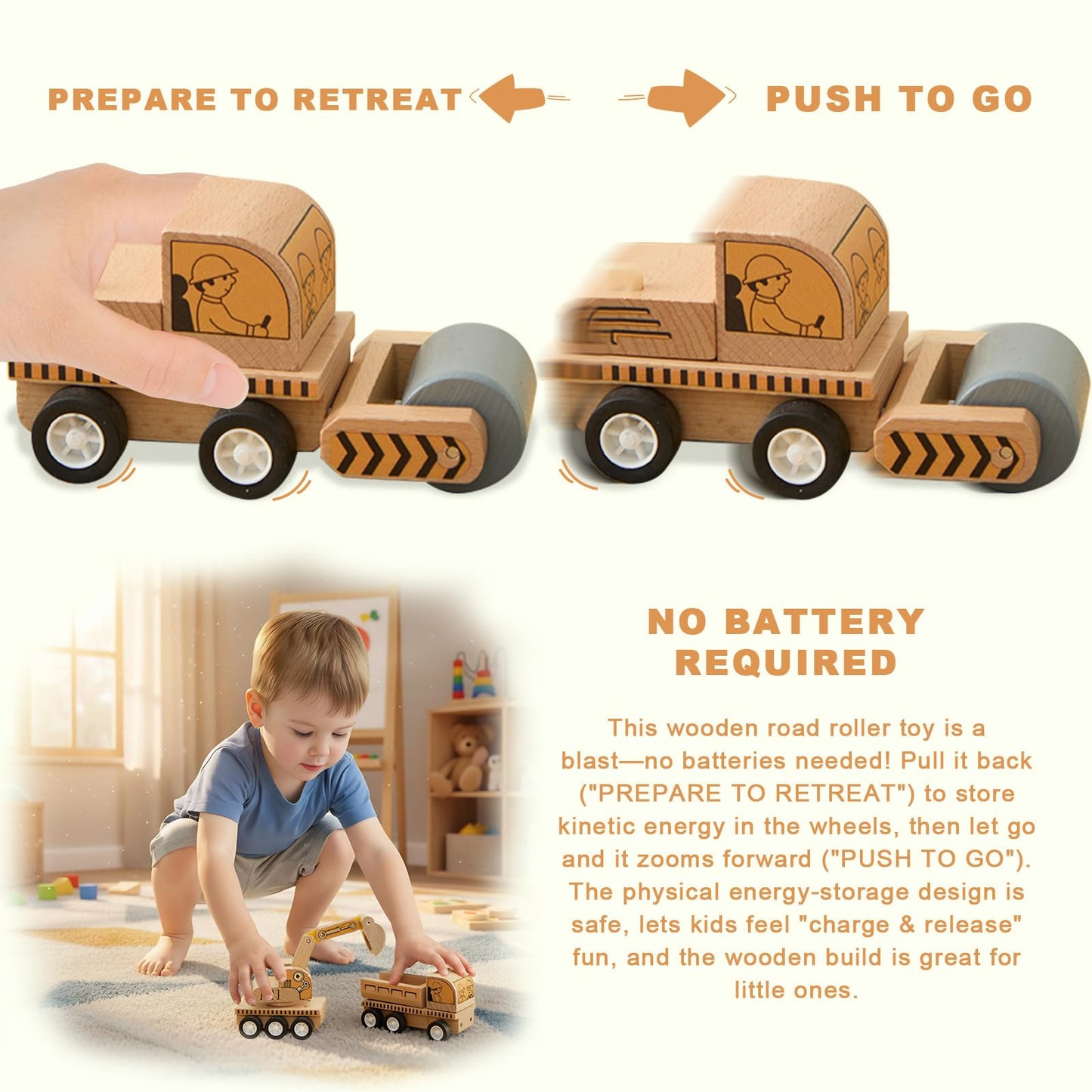 Udeas 6-Piece Wooden Construction Vehicle Toys Set with Bulldozer, Excavator, Crane, Dump Truck – Montessori Toddler Toys Ages 2-4, All-Natural Safe Push & Go Gift for Boys & Girls