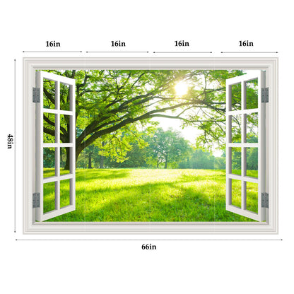 Natural Scenery Spring Green Forest Tree Scene Wall Art Poster Fake Window Wall Mural Faux Window Wall Sticker for Office Home Room Decor, Peel and Stick Wall Decals 48" x 66" Set of 4 Sheets