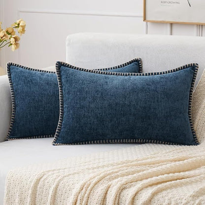 MIULEE Pack of 2 Lumbar Throw Pillow Covers 12x20 Inch Dark Blue Farmhouse Decorative Pillow Covers with Stitched Edge Soft Chenille Solid Dyed Pillow Covers for Couch Sofa Bed Living Room
