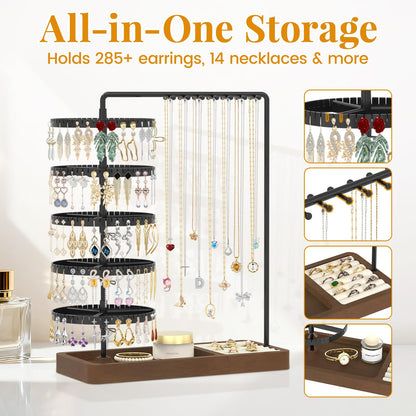 EsLuker.ly Earring Holder Organizer Necklace Display Stand, Jewelry Tree Rack Storage with Wooden Ring Tray for Women Vendors Selling, 5 Tier Plastic Rotating Earring Tower, Prevent Tangling and Mess