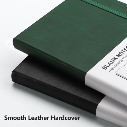 RETTACY Blank Journal Notebook, 2-Pack, 192 Pages per Pack, A5 Medium Size (5.7'' x 8.3''), Leather Hardcover, 100 GSM Thick Paper, for Sketching, Drawing, Painting (Black & Dark Green)