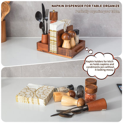 GinSent Napkin Holder for Table, Wooden Napkins Holder with Salt and Pepper Shakers Caddy, Standing Paper Napkin Storage for Kitchen Countertop Dining Table Decor(Acacia Wood)