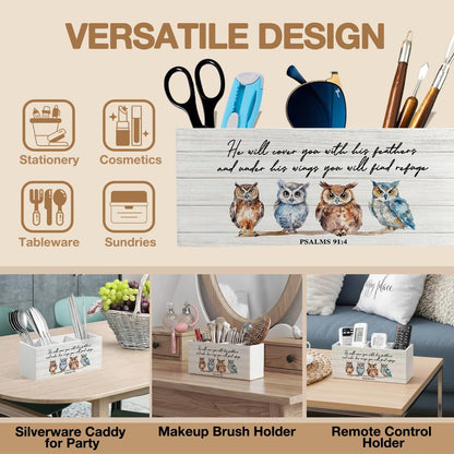 LIANGEAGOM Christian Owl Bird Pen Pencil Holder Organizer for Desk Accessories, Christian Gifts for Women, Owl Gifts, Bible Verse Wooden Box Signs Decorations for Home Office Desk Tabletop