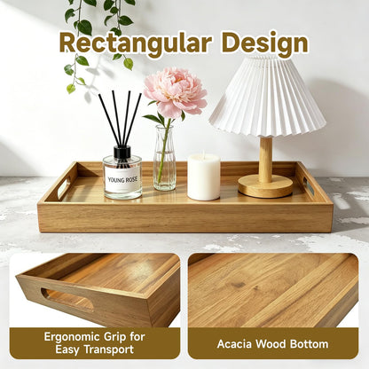 Acacia Wood Serving Tray with Handles, 17 x 12 Inch Large Wooden Tray for Food & Drinks, Coffee Table, Ottoman, Breakfast in Bed – Includes Free Leather Mat