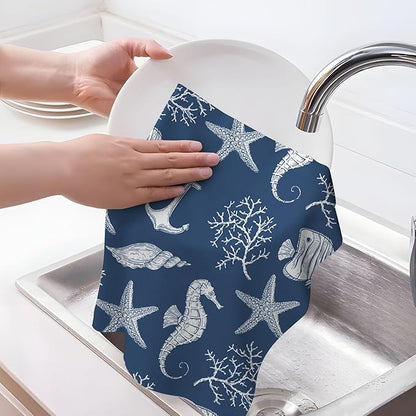 Blue Nautical Seahorse Corals Sea Turtle Kitchen Dish Towels Decorative Set of 4