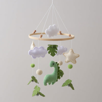 Mobile for Crib – Handmade Dinosaur Jungle Baby Mobile with Leaves & Stars, Baby Mobile for Crib Felt Hanging Toy Nursery Mobiles with Beech Wood Ring, Bassinet Mobile Dino Nursery Decor