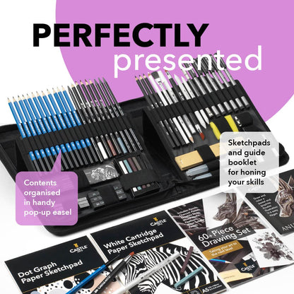 Castle Art Supplies 60 Piece Drawing & Sketching Set | Quality Graphite, Charcoal, Pastel, Water Soluble Pencils + Sticks, Fineliners | for Professional and Adult Artists | in Carry-Anywhere Zip Case
