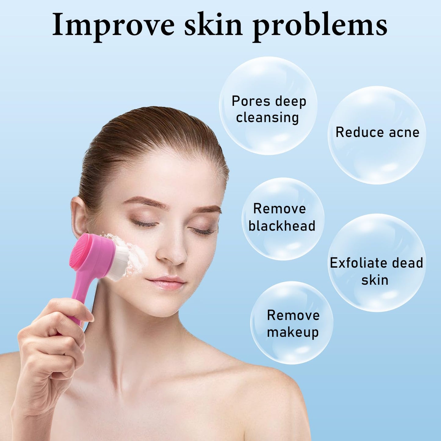Face Brush 2 in 1, Facial Cleansing Exfoliating Scrubber Brush, Silicone Double Side Manual Face Wash Scrub Brush with Soft Bamboo Charcoal Fiber for Deep Pore Cleansing, Massaging, Skin Care
