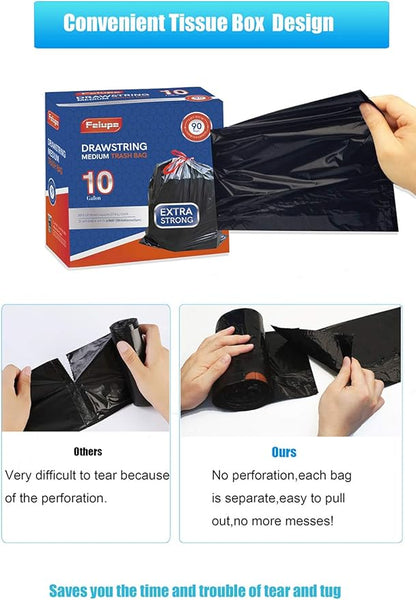 10 Gallon Drawstring Trash Bag Garbage Bag Trash Can Liner, 0.9 Mil