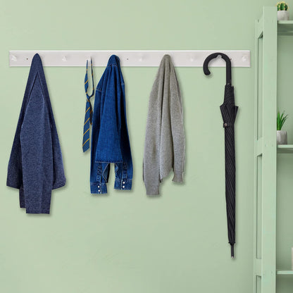 10 Hook Coat Rack Wall Mounted, Long 38 Inches Wooden Wall Coat Hanger with 10 Pegs, 16'' Hole to Hole Wall Coat Hooks for Hanging Towels, Hats, Backpacks, Clothing, Caps (White