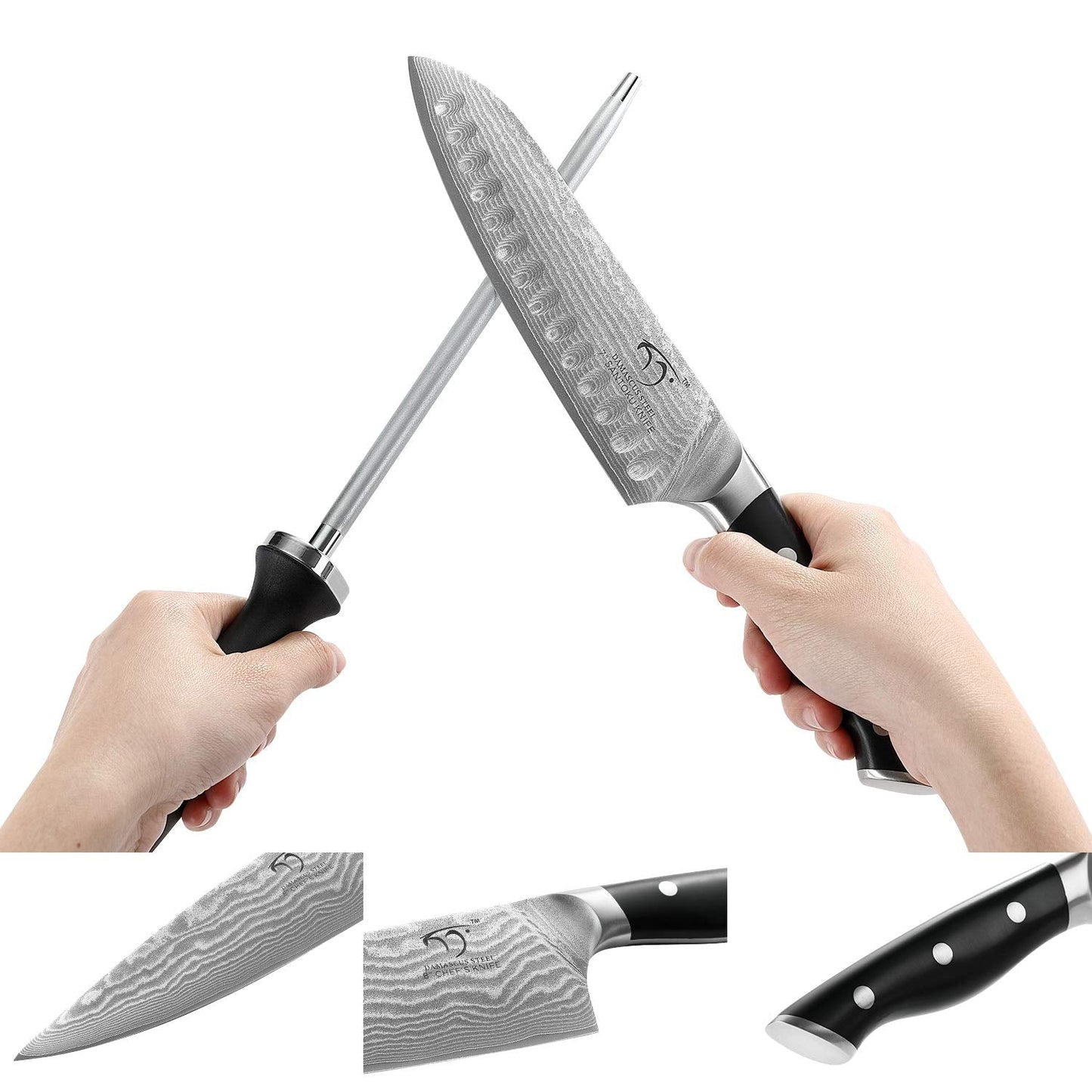 Kitchen Damascus Knife Set, 15 Pieces Kitchen Knife Set with Block, ABS Ergonomic Handle for Chef Knife Set, Knife Sharpener, Kitchen Shears, Natural Wooden Block and Bamboo Drawer Organizer, Gift Box
