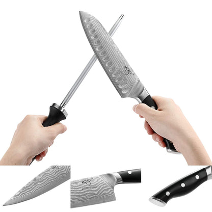 Kitchen Damascus Knife Set, 15 Pieces Kitchen Knife Set with Block, ABS Ergonomic Handle for Chef Knife Set, Knife Sharpener, Kitchen Shears, Natural Wooden Block and Bamboo Drawer Organizer, Gift Box