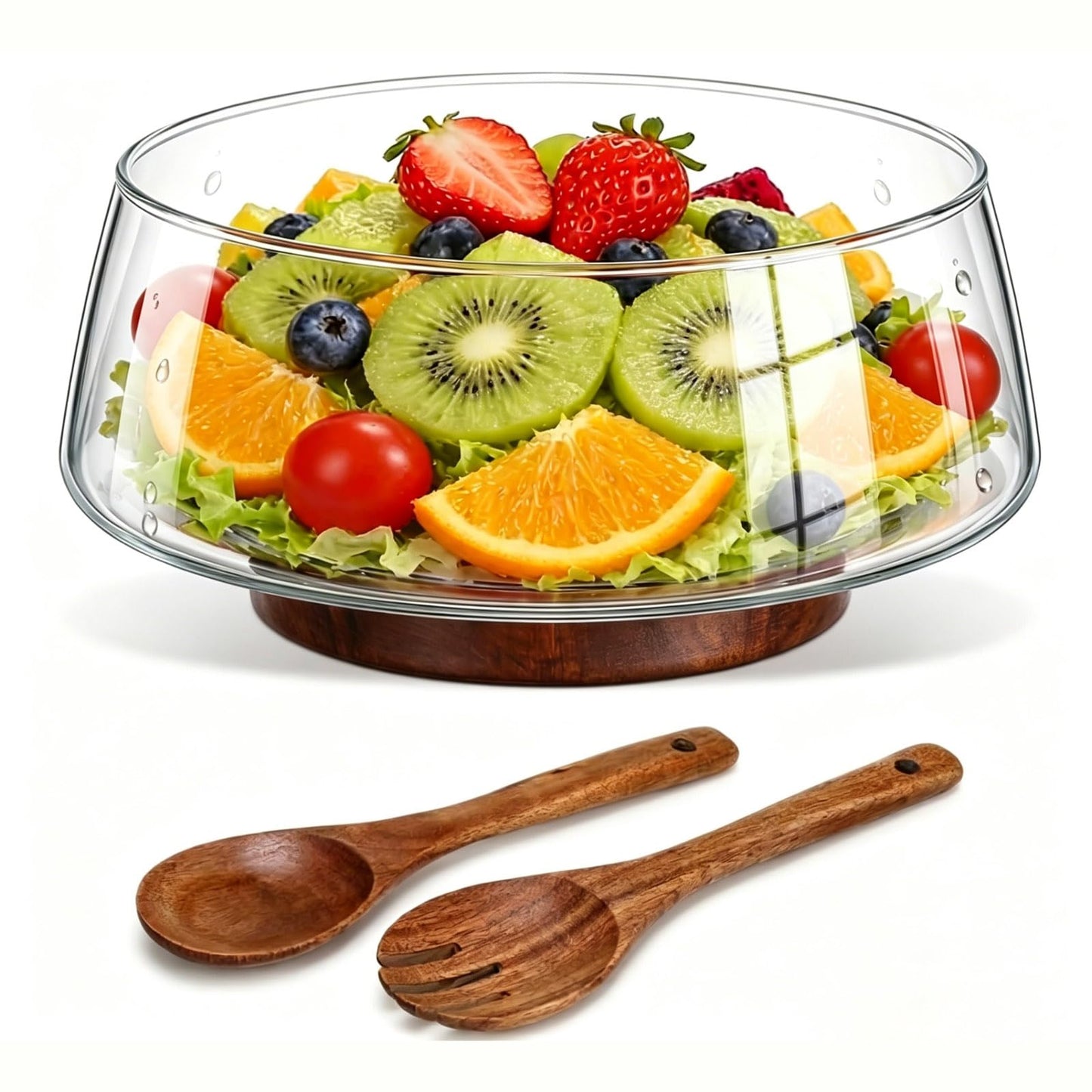 TITINICE 121oz Large Glass Salad Bowl Set with Acacia Wood Base, 3.8QT Clear Serving Bowl with Wooden Spoons, 3600ml Decorative Mixing Bowl for Fruit, Pasta, Party and Thanksgiving (Classic Smooth)