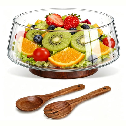TITINICE 121oz Large Glass Salad Bowl Set with Acacia Wood Base, 3.8QT Clear Serving Bowl with Wooden Spoons, 3600ml Decorative Mixing Bowl for Fruit, Pasta, Party and Thanksgiving (Classic Smooth)