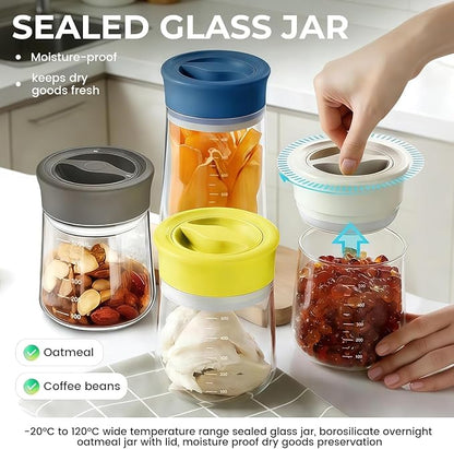 MOODTALK Overnight Oats Containers with Lids 2026 Upgrade - 17oz Glass Mason Jars- Anti-Slip Design Borosilicate Glass Storage Tank - Moisture-Proof Oat Snack Can