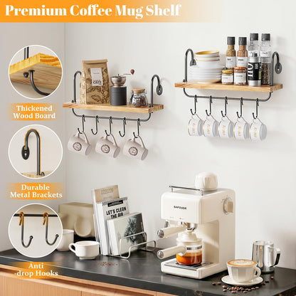 Olakee Floating Wall Shelves for Kitchen Bathroom Coffee Nook with 10 Adjustable Hooks for Coffee Mugs, Coffee Bar Organizer and Decor, Rustic Storage Shelves Set of 2