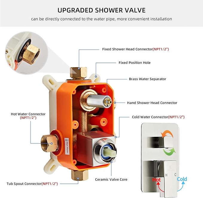 Brushed Nickel Rainfall Shower Head 8 Inch Set Faucet with Tub Spout and Handle System Square Wall Mount for Bathroom