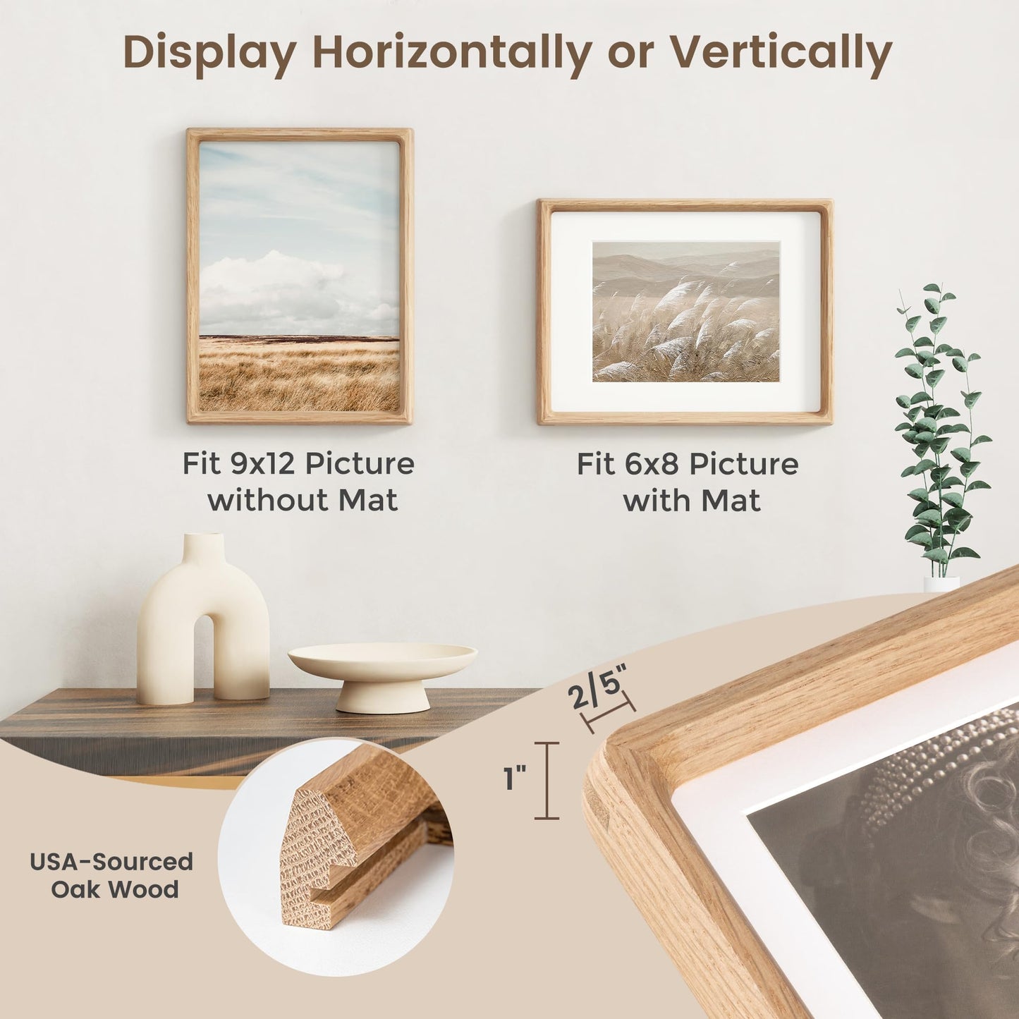 Fun Memories 9x12 Picture Frame, USA-Sourced Oak Wood Photo Frames with HD Tempered Glass, Handcrafted Rounded Corner 9 x 12 Wooden Frames Matted to 6x8 Photos, 9x12 Frame, Tabletop or Wall Display