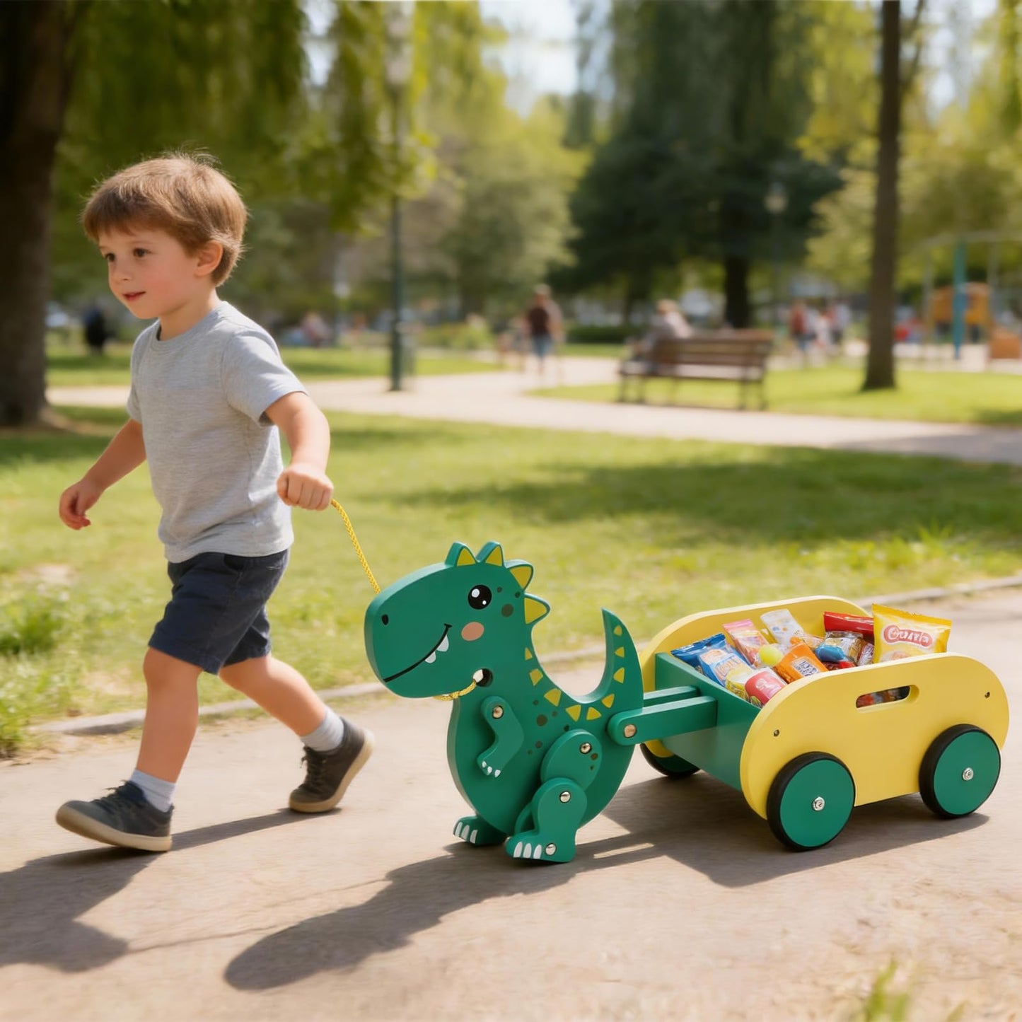 Wooden Walking Pull Along Wagon for Kids Dinosaur Toys Car Rolling Cart for Toddlers Montessori Toys Gift for 1 2 3 4 Years Old Boys Girls