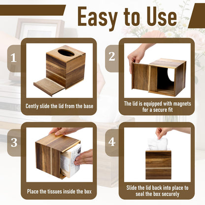 2 Pack Wooden Tissue Box Cover Square, Acacia Wood, 5.5 x 5.5 x 6.2