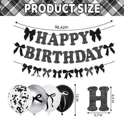 Black Bow Birthday Party Decorations Set - Cute Backdrop Banner, Hanging Banners, Balloons, Cake & Cupcake Toppers, Princess Theme Party Supplies Kit for Girls, Kids, Baby Shower