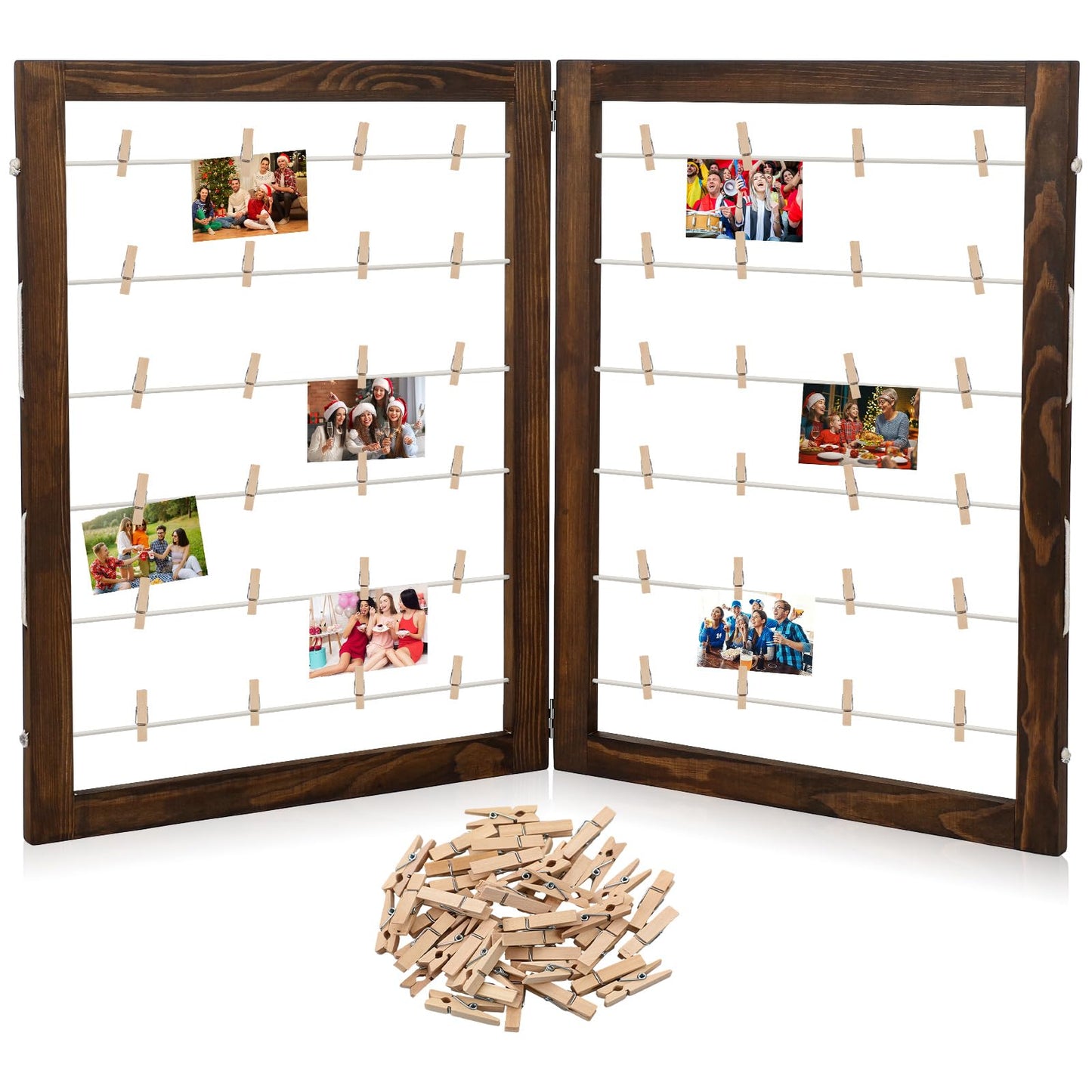 Geelin 36 x 24 Inch Photo Display Board with Clip Farmhouse Picture Display Wooden Rustic Freestanding Picture Collage Frame Wedding Tabletop Decor for Home Dorm (2 Panel,Brown)