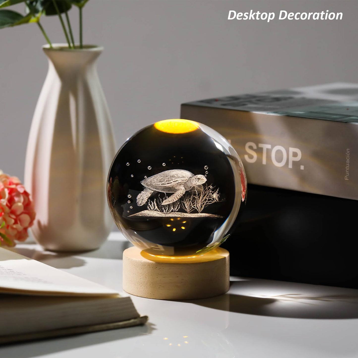 Arikyrist 3D Sea Turtle Crystal Ball Lamp with Wooden Base, 3D Laser Etched Crystal Sea Turtle Decor Glass Sphere Figurine Ornaments, Crystal Sea Turtle Gifts for Women Men Kids