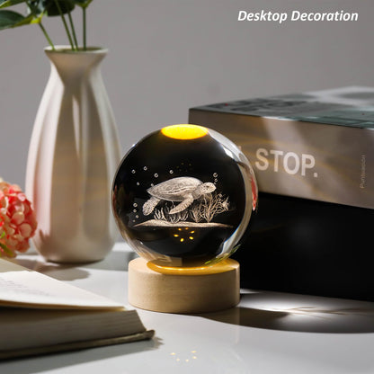 Arikyrist 3D Sea Turtle Crystal Ball Lamp with Wooden Base, 3D Laser Etched Crystal Sea Turtle Decor Glass Sphere Figurine Ornaments, Crystal Sea Turtle Gifts for Women Men Kids