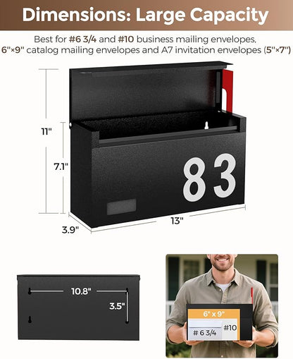Modern Mailboxes for Outside, Metal Wall Mount Mailbox, with One Flag Kit and Three Sets of Mailbox Number Stickers, 3.9" D×13" W×7.1" H, Rust Resistant Coating Mail Boxes for House, Black AMB06B