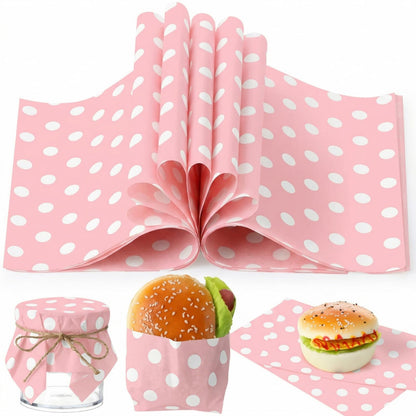 Gersoniel 150pcs Wax Paper Sheet for Food Dot Printed Bakery Tissue Greaseproof Disposable Wrapping Paper for Sandwich Food Picnic Baskets Liner Wedding Birthday Party Supplies(Pink,9.84x8.27'')