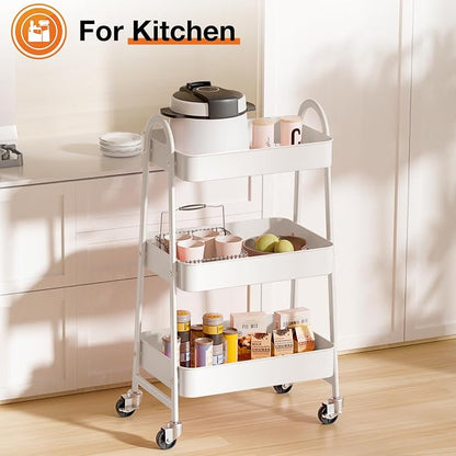 NEWBULIG 3-Tier Metal Rolling Storage Cart, Heavy Duty Mobile Utility Organizer Shelf with Lockable Wheels, Multifunctional Trolley for Daily Supplies, Home Indoor Daily Use, White