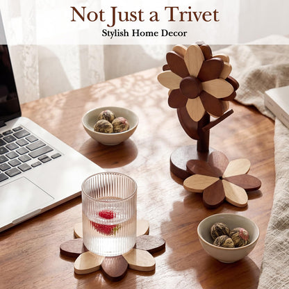 Threehoney Wooden Flower Coaster Set Wooden Trivets for Hot Dishes Tree Shape Trivet Set 4 Wood and 1 Stand Stored Beech Color Blocked Design(Walnut Wood Color)