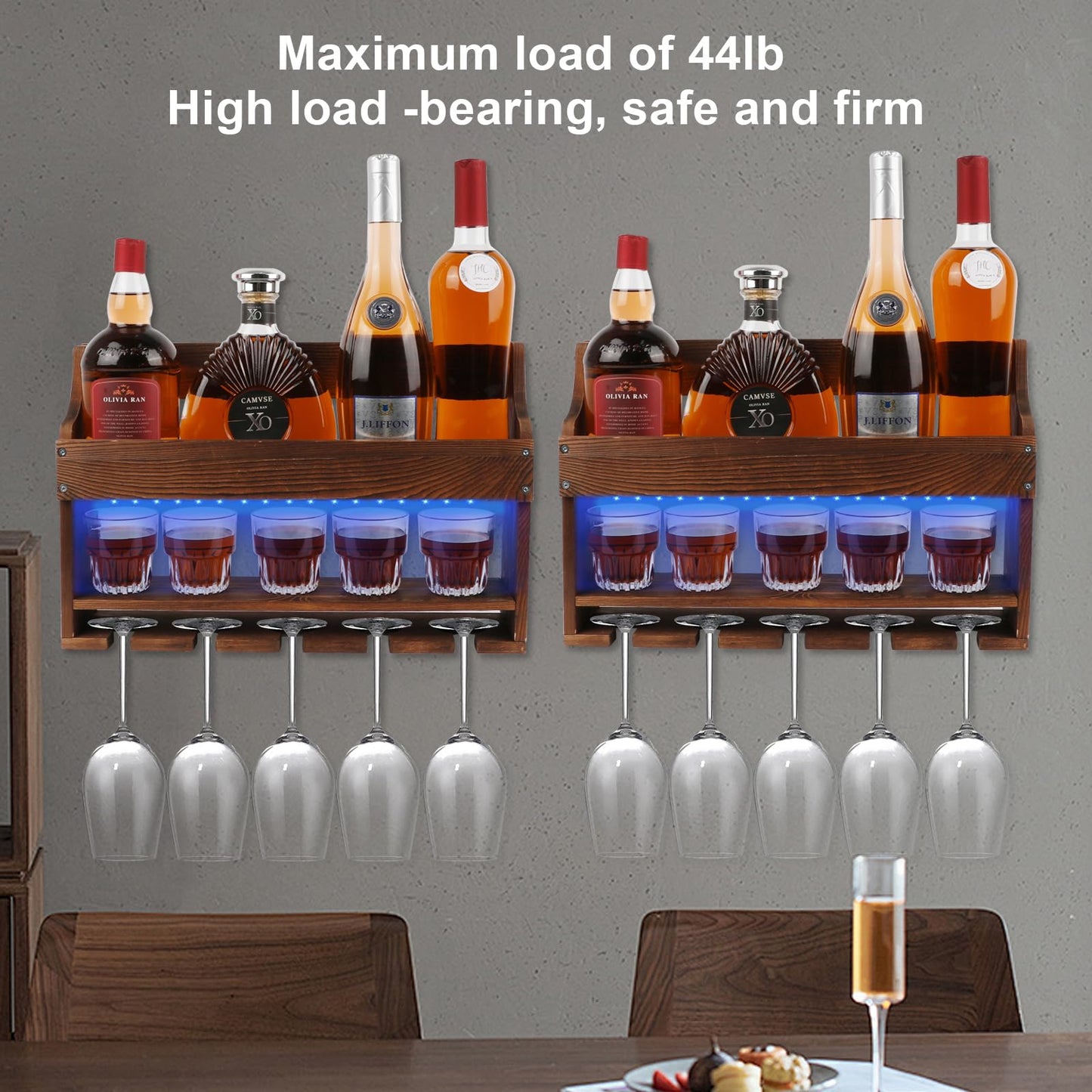 TIRYIUOU 2 Pack Wooden Wine Rack Wall Mounted with LED Light, Wall Wine Rack, Bar Liquor Shelf, Wine Glass Holder Wall Mounted, Floating Bar Shelves for Kitchen, Dining Room, Home Bar