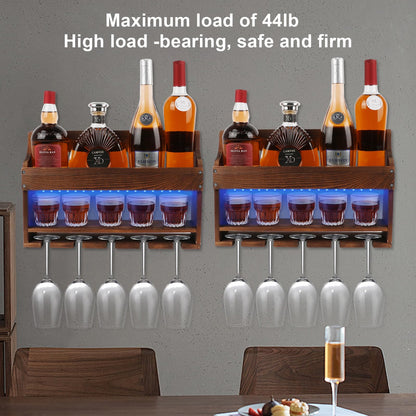 TIRYIUOU 2 Pack Wooden Wine Rack Wall Mounted with LED Light, Wall Wine Rack, Bar Liquor Shelf, Wine Glass Holder Wall Mounted, Floating Bar Shelves for Kitchen, Dining Room, Home Bar