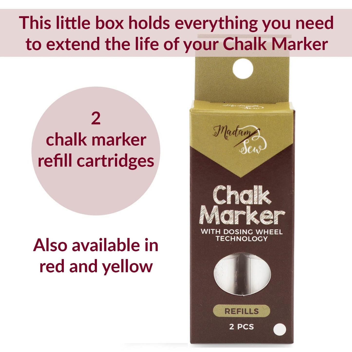 Madam Sew Refillable Tailors Chalk for Fabric - Washable Fabric Markers for Sewing and Quilting with Dosing Wheel, Tailor Chalk Pen for Precise Marking on Cotton, Knit, Suede (White)