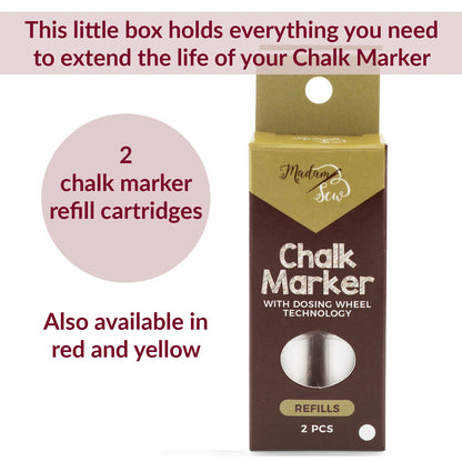 Madam Sew Refillable Tailors Chalk for Fabric - Washable Fabric Markers for Sewing and Quilting with Dosing Wheel, Tailor Chalk Pen for Precise Marking on Cotton, Knit, Suede (White)