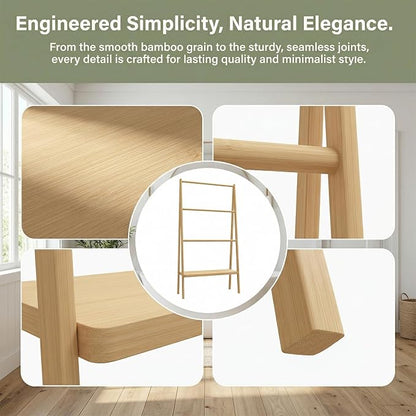 Bamboo Ladder Towel Rack - Blanket Holder with Storage Shelf for Bathroom & Living Room, Freestanding 30.16" L x 12.01" W x 51" H, Eco-Friendly