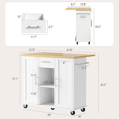 Shintenchi Kitchen Island with Storage, Bar Cart Cabinet Island Table on Wheels, Rolling Microwave Cart for Kitchen with Drop Leaf, Drawers, Towel Rack, Seating Area for Dining Room, White