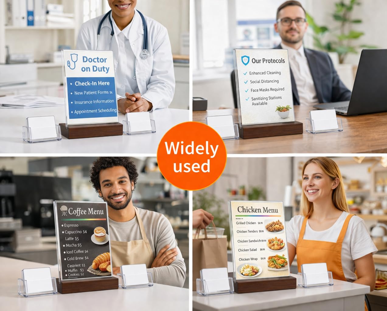 GALIIV Acrylic display stands. For 11 x 8.5 brochures with 2 card holders and wooden base, ideal for displaying restaurant menus, office brochures, and business cards.