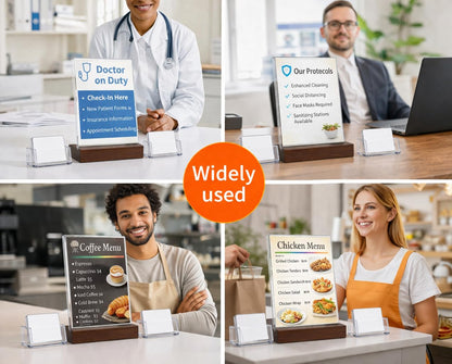 GALIIV Acrylic display stands. For 11 x 8.5 brochures with 2 card holders and wooden base, ideal for displaying restaurant menus, office brochures, and business cards.