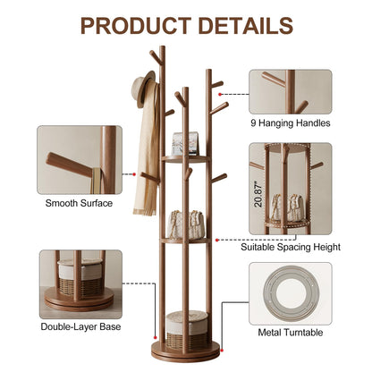 Muwuele Solid Wood Rotary Coat Rack, Freestanding Coat Rack with 3 Shelves and 9 Hooks, Coat tree for Bedroom, Entryway, Livingroom, Coat Hanger Stand for Coats, Scarves, Handbags (Walnut)